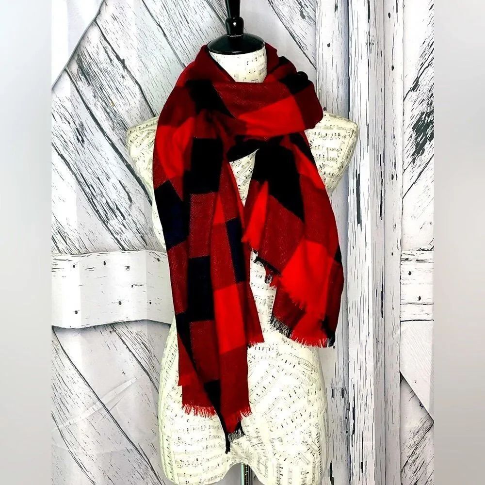 Sandro Paris Scarf Wool & Silk Blend Buffalo Checked Red Black